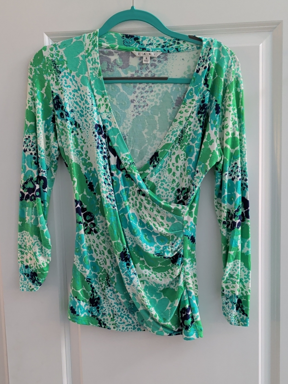 CAbi Aqua & Green Printed Drape-Front Top